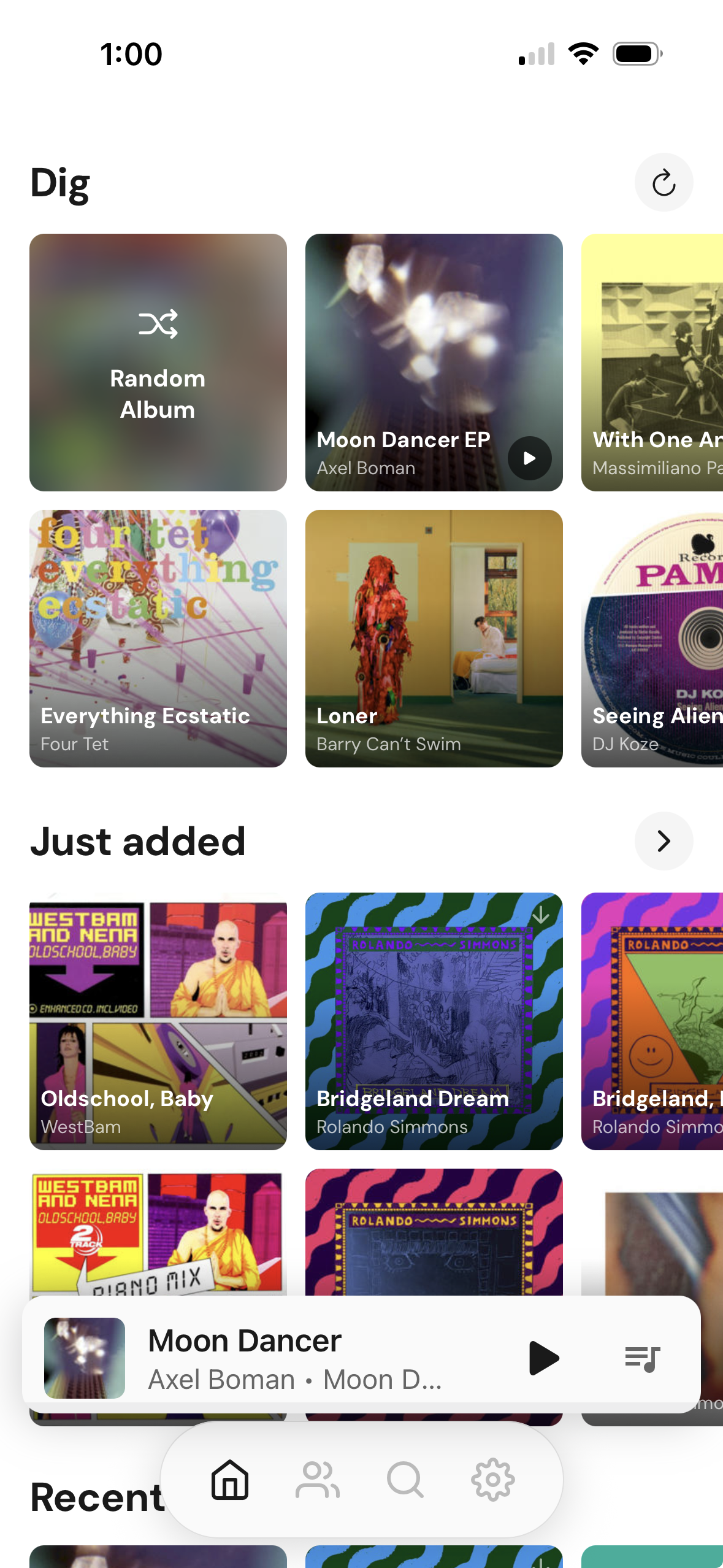 Drift iPhone app showing the Dig and Just added album grids